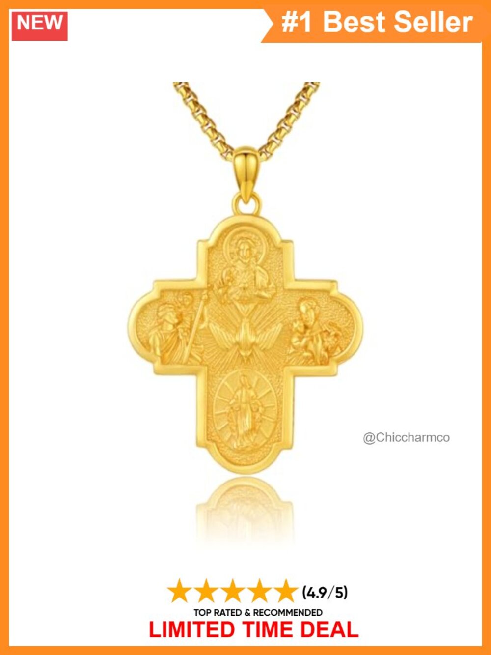 925 Sterling Silver Four Way Cross Medal Necklace 22+2in Chain